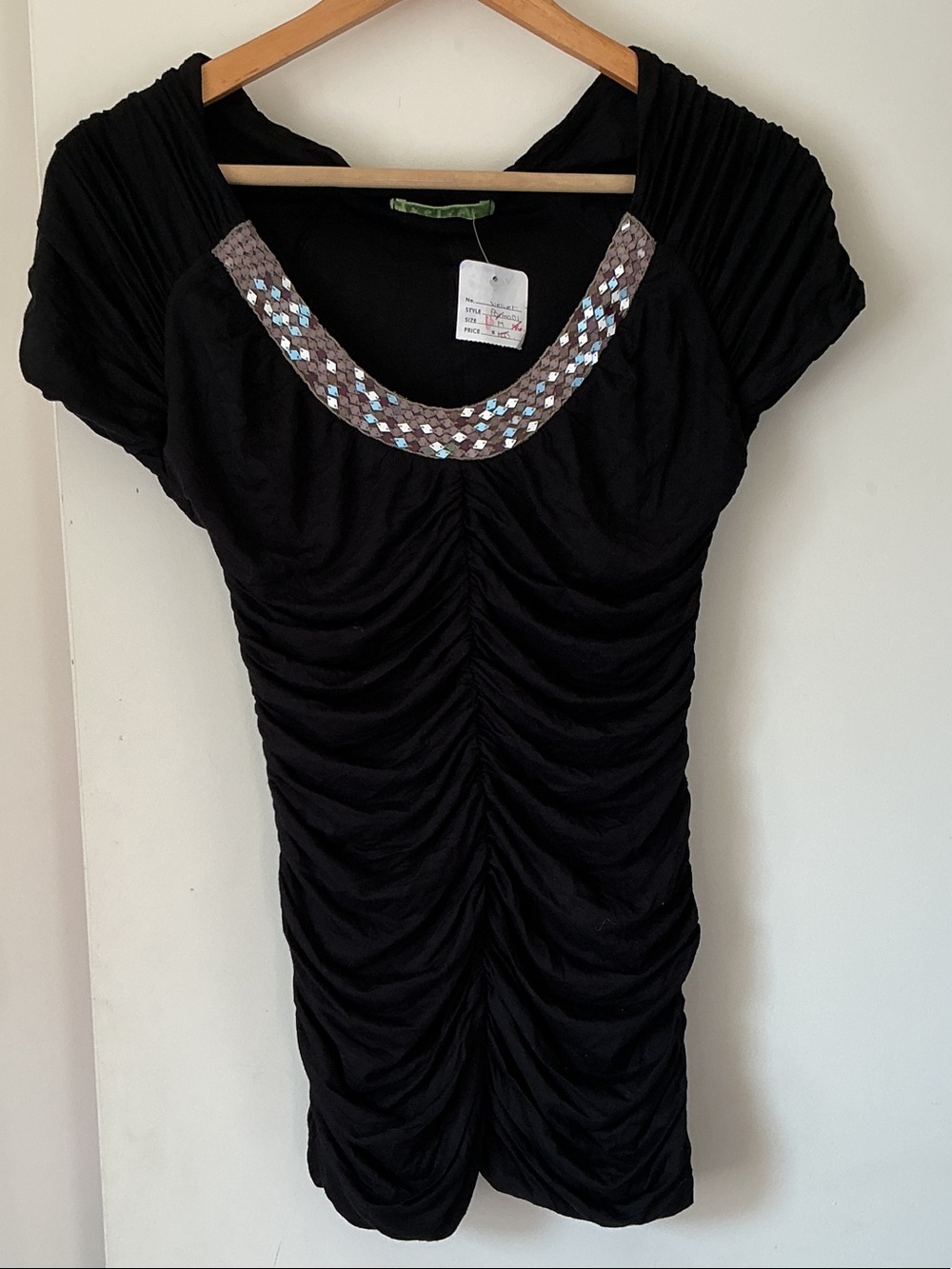 VELVET BY ANTHROPOLOGIE Black Ruched Short Sleeve Top with Embellished Scoop Nec